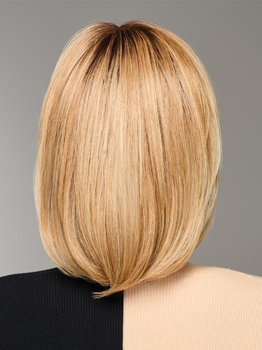 Model is wearing TIMELESS CHARM by RAQUEL WELCH in color  RL14/22SS SHADED WHEAT | Dark Blonde Evenly Blended with Platinum Blonde with Dark Roots