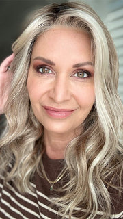 Emily H. @she_sheds_more wearing RACHEL by JON RENAU in color 101/88/27S8 CATALINA BLONDE | Pale blonde with Pure White Natural Violet halo highlights, shaded medium brown