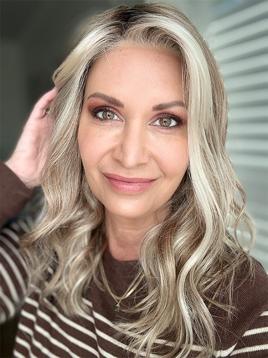 Emily H. @she_sheds_more wearing RACHEL by JON RENAU in color 101/88/27S8 CATALINA BLONDE | Pale blonde with Pure White Natural Violet halo highlights, shaded medium brown