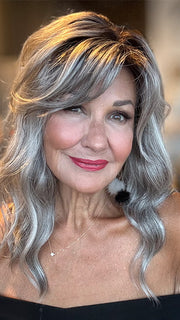 Ellen @aging.with.ellen is wearing RACHEL by JON RENAU in color FS36/56/60S4 STORM | Brown with 5% Pure White with Light Grey with 20% Medium Brown with Pure White Bold Highlights. Shaded with Dark Brown
