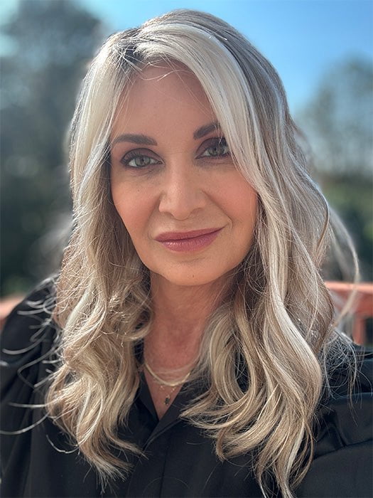 Emily H. @she_sheds_more wearing RACHEL by JON RENAU in color 101/88/27S8 CATALINA BLONDE | Pale blonde with Pure White Natural Violet halo highlights, shaded medium brown