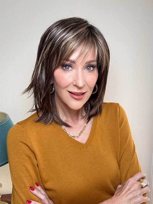 Eileen @crazywiglady is wearing RAINBOW by ELLEN WILLE in color COFFEE BROWN LIGHTED 8.6.16 | Medium Brown and Dark Brown with Medium Blonde Blend with Highlights Throughout and Concentrated in the Front