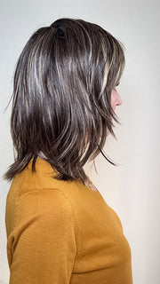 Eileen @crazywiglady is wearing RAINBOW by ELLEN WILLE in color COFFEE BROWN LIGHTED 8.6.16 | Medium Brown and Dark Brown with Medium Blonde Blend with Highlights Throughout and Concentrated in the Front