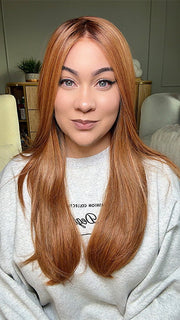 Kendra @_kendradarling_ is wearing THEORY by BELLE TRESS in color  AUBURN SPICE R | A Deep Auburn Shade with Darker Roots and subtle highlights in Copper and Golden Spice Tones