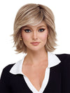 Model is wearing RAZOR CUT SHAG by TressAllure in 14/23/R8 | Light Brown blended with Platinum Blonde, Shaded with Dark Roots
