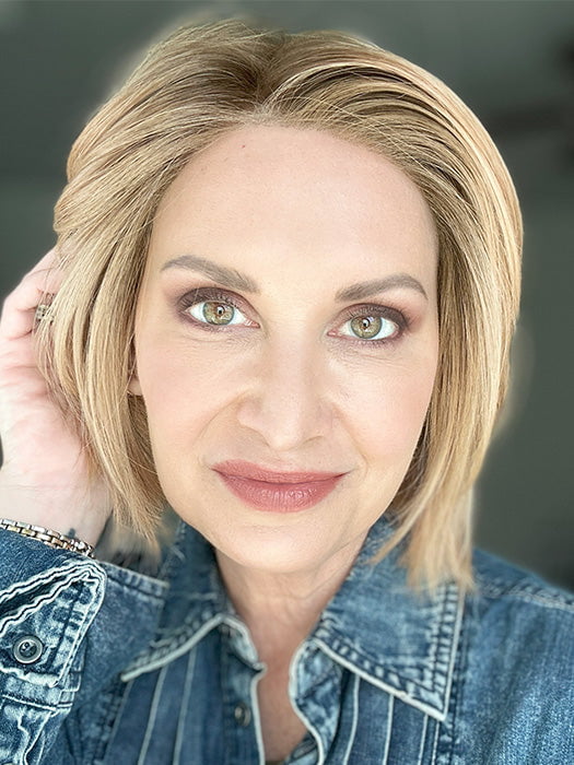 Emily H. @she_sheds_more wearing READY by ELLEN WILLE in color TOFFEE BLONDE ROOTED 27.20 | Dark Strawberry Blonde with Light Strawberry Blonde Blend and Shaded Roots