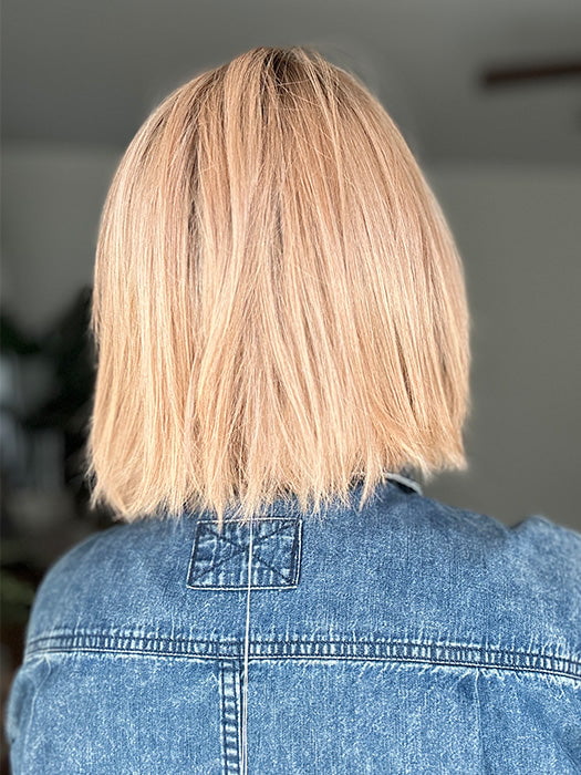 Emily H. @she_sheds_more wearing READY by ELLEN WILLE in color TOFFEE BLONDE ROOTED 27.20 | Dark Strawberry Blonde with Light Strawberry Blonde Blend and Shaded Roots