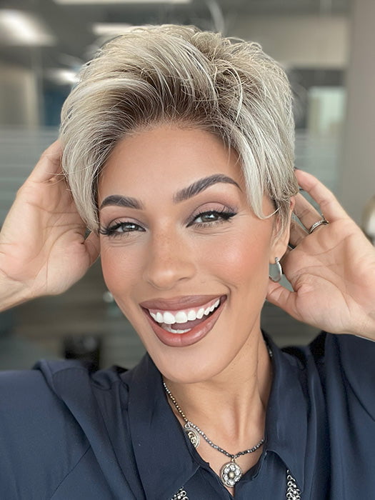 Model is wearing RIN by NORIKO in color MILKY-OPAL | A Blend of Creamy Blonde and White Blonde Rooted with Warm Brown