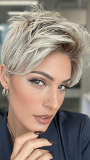 Model is wearing RIN by NORIKO in color MILKY-OPAL | A Blend of Creamy Blonde and White Blonde Rooted with Warm Brown