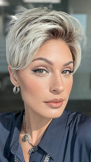 Model is wearing RIN by NORIKO in color MILKY-OPAL | A Blend of Creamy Blonde and White Blonde Rooted with Warm Brown