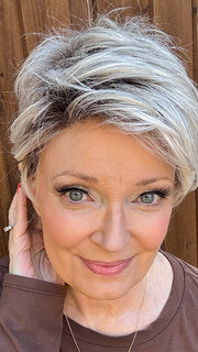 Mel B. @mels.be.ageless wearing RIN by NORIKO in color MILKY OPAL | A Blend of Creamy Blonde and White Blonde Rooted with Warm Brown