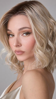 Model is wearing ROHAN by AMORE in color SEA SALT BLOND R |  A perfect mixture of cool, icy-blond and warm-dark blond. The rich brown root tone enhances the modern appearance.