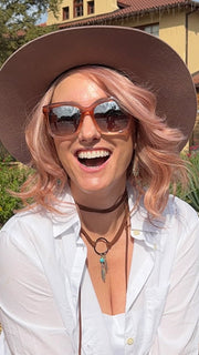 Carlyn @carlynwilson84 wearing ROHAN by AMORE in color WATERMELON-R | Rich Pastel Pink Base with Subtle Soft Reddish Tone and Soft Dark Brown Roots