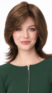 Model is wearing ROSE by ENVY in color CHOCOLATE CARAMEL | Medium Brown with Soft Red and Blonde highlights