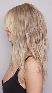 ROXIE by RENE OF PARIS in color BILLIONAIRE-BLOND | A chic, sophisticated shade with a rich mocha root melting into beige, ash, and cream blond tones. Face-framing cream and white blond highlights add a refined, upscale finish.