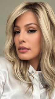 Roxie wearing RACHEL LITE by JON RENAU in 22F16S8 VENICE BLONDE | Light Ash Blonde and Light Natural Blonde Blend Shaded with Medium
