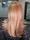 Roxie is wearing CHARMING by TRESSALLURE in color 17/23/R8 | Beige Blonde and Auburn Blended with Medium Brown Roots