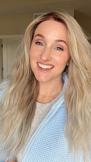 Carlyn @carlynwilson84 wearing ROXIE by RENE OF PARIS in color MUSHROOM-MELANGE | A modern mushroom blonde with a mid-brown root, featuring tones of cream, pale chocolate, and soft steel blonde.