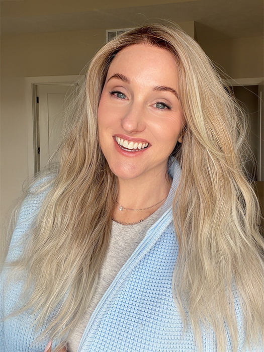 Carlyn @carlynwilson84 wearing ROXIE by RENE OF PARIS in color MUSHROOM-MELANGE | A modern mushroom blonde with a mid-brown root, featuring tones of cream, pale chocolate, and soft steel blonde.