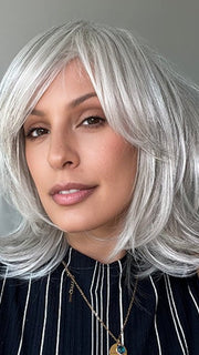 Roxie wearing TEXTURED LAYERS by HAIRDO in R56/60 SILVER MIST | Lightest Gray Evenly Blended with Pure White