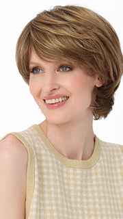 SAVANNAH by ENVY in color TOASTED SESAME | Medium Brown roots with overall Warm Cinnamon base and Golden Blonde highlights
