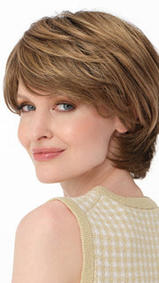 SAVANNAH by ENVY in color TOASTED SESAME | Medium Brown roots with overall Warm Cinnamon base and Golden Blonde highlights