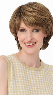 SAVANNAH by ENVY in color TOASTED SESAME | Medium Brown roots with overall Warm Cinnamon base and Golden Blonde highlights