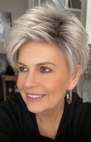 Donna @style.me.ageless wearing SPRING HI by ELLEN WILLE in color PLATINUM BLONDE ROOTED | Pearl Platinum, Light Golden Blonde, and Pure White Blend