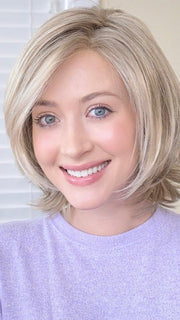 Steph B. @wigswithsteph wearing PLAY IT STRAIGHT by RAQUEL WELCH WIGS in color R1621S+ GLAZED SAND | Dark Natural Blonde with Cool Ash Blonde Highlights on Top
