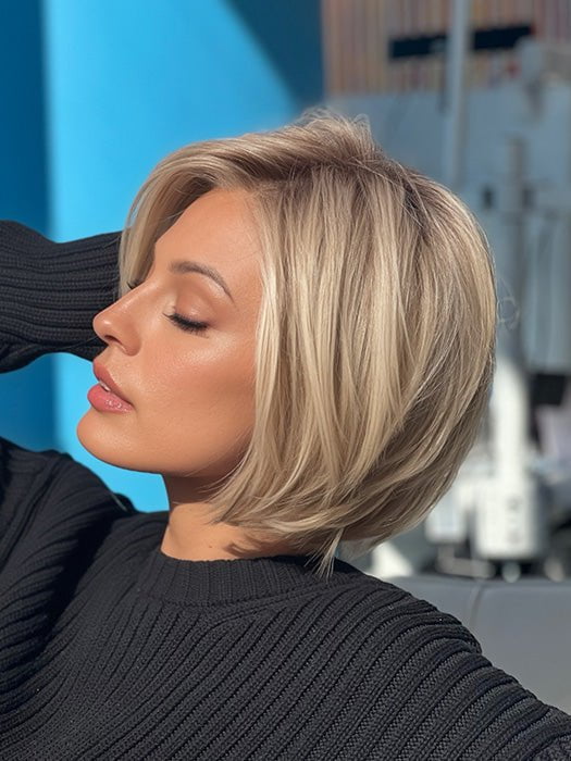 Roxie wearing STRAIGHT UP WITH A TWIST By RAQUEL WELCH in RL19/23SS SHADED BISCUIT | Cool Platinum blonde with subtle highlights and medium brown roots PPC MAIN IMAGE