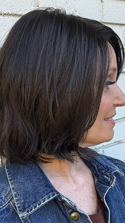 Mel B. @mels.be.ageless wearing SAGE by ESTETICA in color R4/6 | Dark Brown Blended With Chestnut Brown