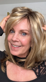 Susan Sparks @sparkles_intheworld wearing SANDRA by JON RENAU in color 12FS8 SHADED PRALINE | Light Gold Brown, Light Natural Gold Blonde & Pale Natural Gold-Blonde Blend, Shaded with Medium Brown