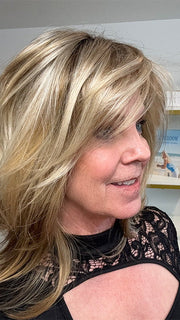 Susan Sparks @sparkles_intheworld wearing SANDRA by JON RENAU in color 12FS8 SHADED PRALINE | Light Gold Brown, Light Natural Gold Blonde & Pale Natural Gold-Blonde Blend, Shaded with Medium Brown