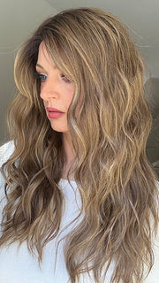 Sandy @i_be_wiggin wearing BROOKLYN by RENE OF PARIS in color MOCHACCINO-R | Rooted Medium Warm Blonde with Chocolate Undertones and Creamy Blonde Highlights