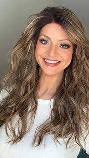 Sandy @i_be_wiggin wearing BROOKLYN by RENE OF PARIS in color MOCHACCINO-R | Rooted Medium Warm Blonde with Chocolate Undertones and Creamy Blonde Highlights