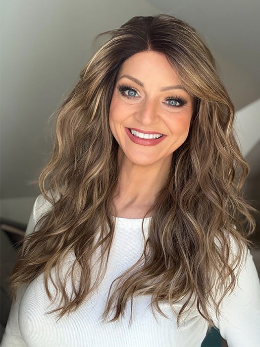 Sandy @i_be_wiggin wearing BROOKLYN by RENE OF PARIS in color MOCHACCINO-R | Rooted Medium Warm Blonde with Chocolate Undertones and Creamy Blonde Highlights