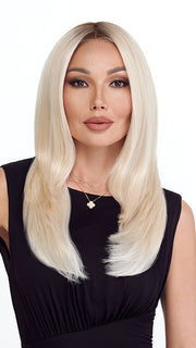 Model is wearing SENSATIONAL by TRESSALLURE in color 613/1001/R18 | Vanilla Blonde Platinum White Blend Rooted Ash Brown