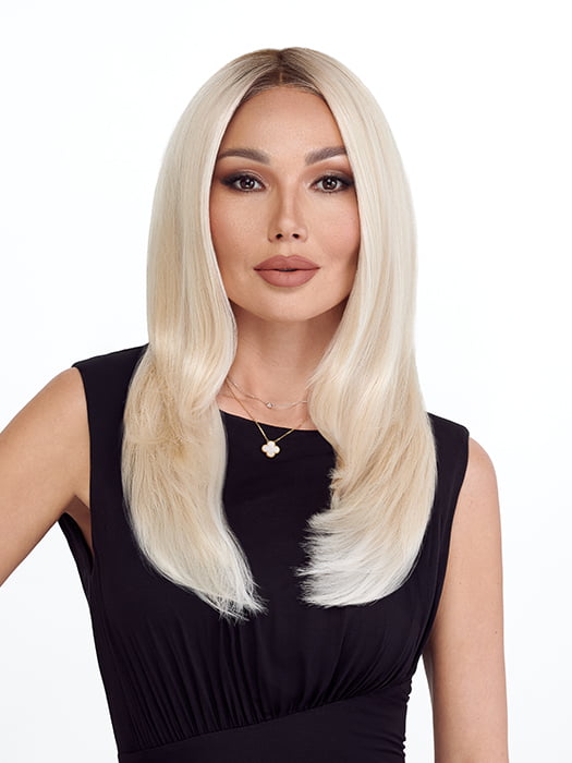 Model is wearing SENSATIONAL by TRESSALLURE in color 613/1001/R18 | Vanilla Blonde Platinum White Blend Rooted Ash Brown