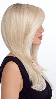 Model is wearing SENSATIONAL by TRESSALLURE in color 613/1001/R18 | Vanilla Blonde Platinum White Blend Rooted Ash Brown