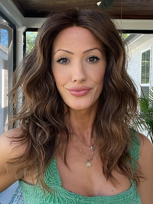 Jenna Fail @jenna_fail wearing SERENA by ELLEN WILLE in color CHOCOLATE TIPPED 830.9 | Medium Brown, Light Auburn and Medium Warm Brown Blend with Lighter Tipped Ends