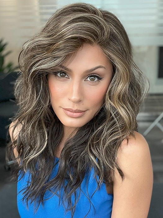 Model is wearing SERENA by ELLEN WILLE in color COFFEE BROWN MIX 6.8.4 | Dark Brown and Medium Brown with Darkest Brown Blend