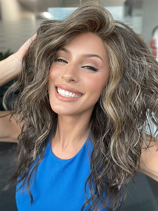 Model is wearing SERENA by ELLEN WILLE in color COFFEE BROWN MIX 6.8.4 | Dark Brown and Medium Brown with Darkest Brown Blend