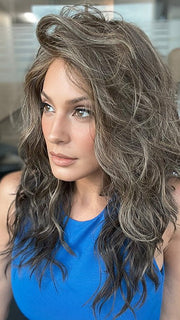 Model is wearing SERENA by ELLEN WILLE in color COFFEE BROWN MIX 6.8.4 | Dark Brown and Medium Brown with Darkest Brown Blend