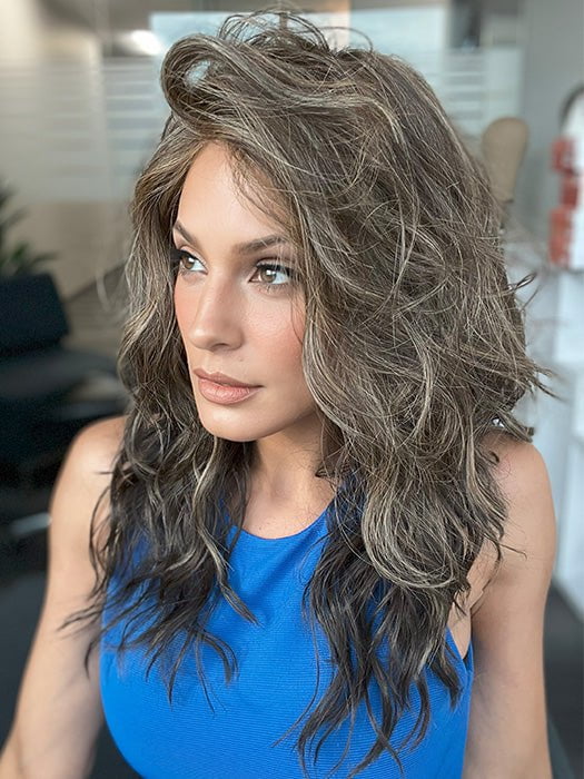 Model is wearing SERENA by ELLEN WILLE in color COFFEE BROWN MIX 6.8.4 | Dark Brown and Medium Brown with Darkest Brown Blend