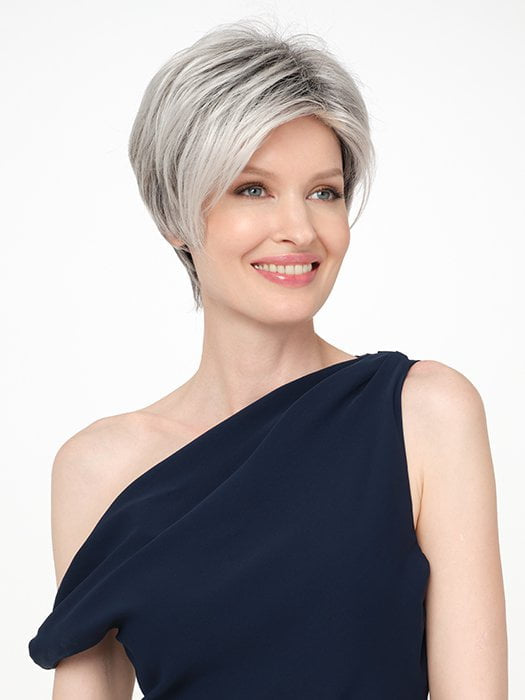 Model wearing SHARI by ENVY in STERLING SHADOW | Medium Salt-and-Pepper Grey with Darker Brown Roots
