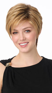 Model is wearing SHARI by ENVY in color GOLDEN NUTMEG | Medium Brown roots with overall Warm Cinnamon base and Golden Blonde highlights