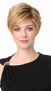 Model is wearing SHARI by ENVY in color GOLDEN NUTMEG | Medium Brown roots with overall Warm Cinnamon base and Golden Blonde highlights