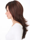 Model is wearing SHEENA by ENVY in color CHOCOLATE CHERRY | Dark Brown roots with overall Medium Brown base with Deep Red highlights