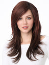 Model is wearing SHEENA by ENVY in color CHOCOLATE CHERRY | Dark Brown roots with overall Medium Brown base with Deep Red highlights