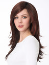 Model is wearing SHEENA by ENVY in color CHOCOLATE CHERRY | Dark Brown roots with overall Medium Brown base with Deep Red highlights